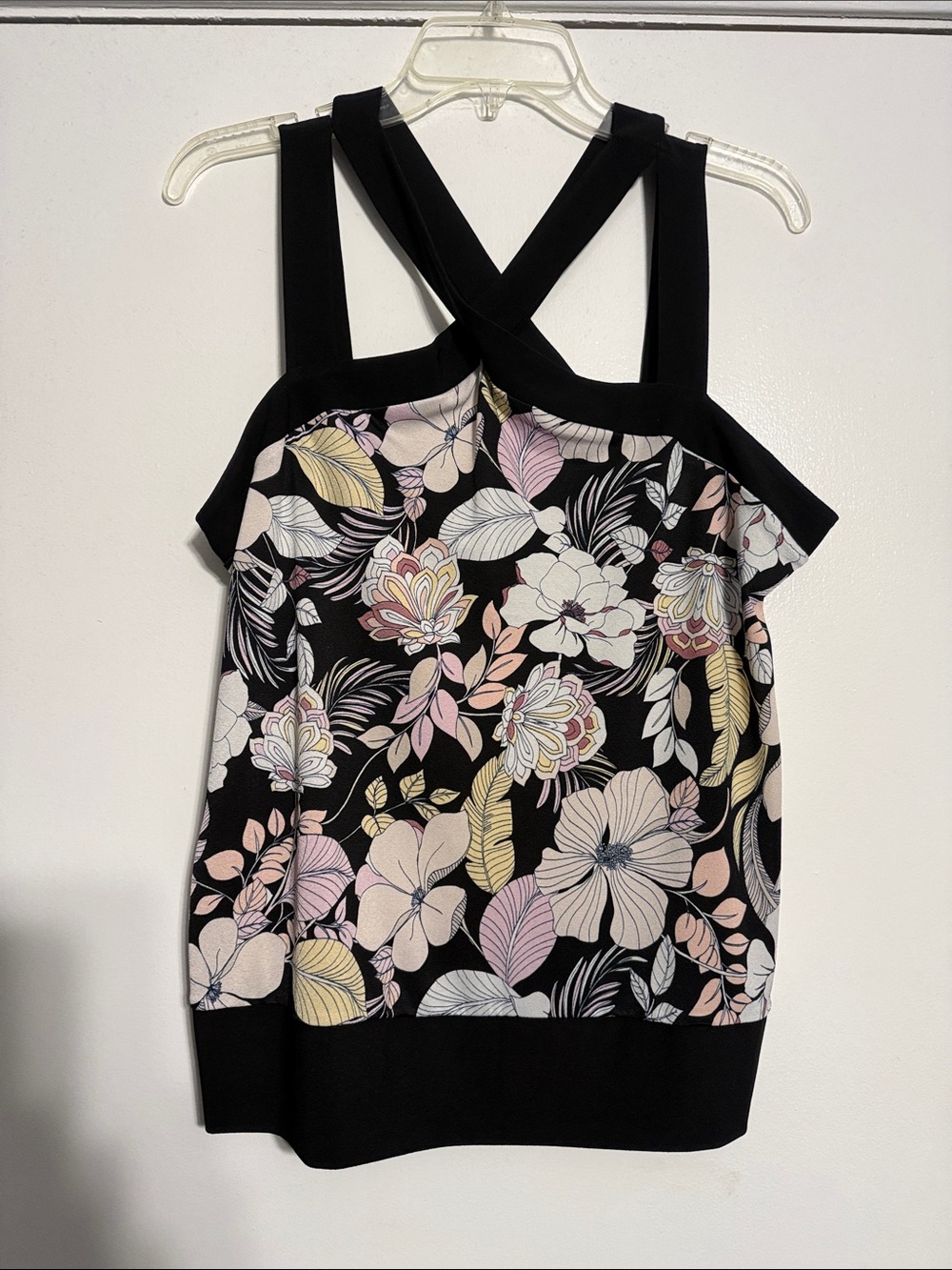 A.U.W. Floral Cold-Shoulder Tank Top - Black/Pastel (L)
